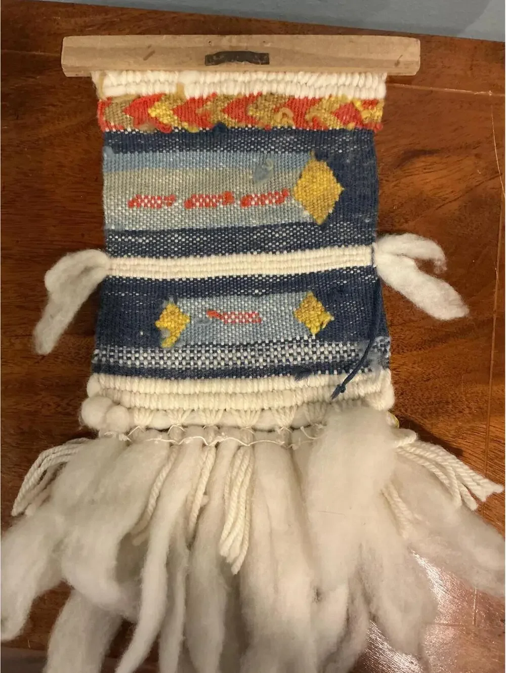 Handwoven Wool Wall Hanging Boho Tapestry with Raw Fleece Fringe Diamond Pattern